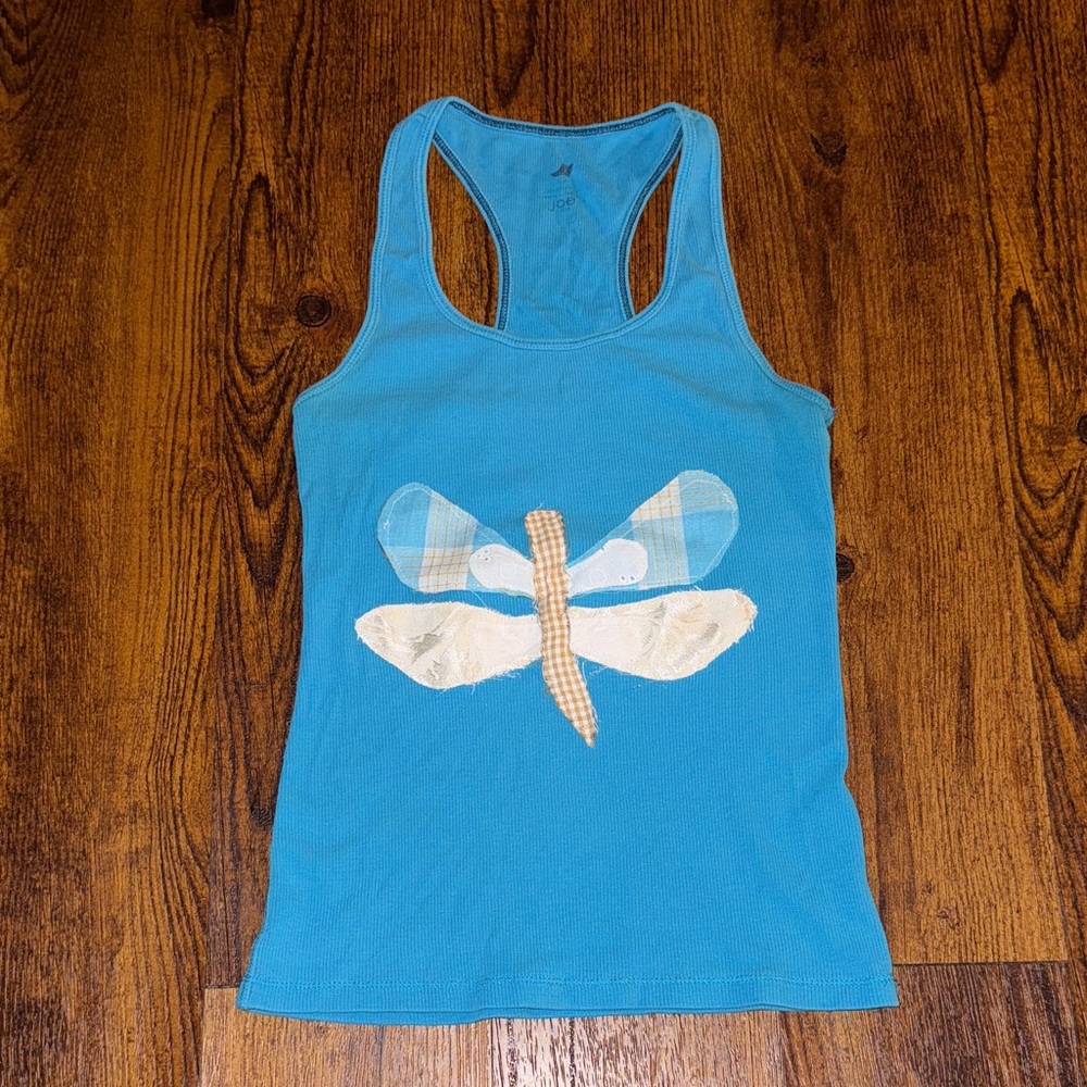 Blue Tank Top with Dragonfly Patchwork Design